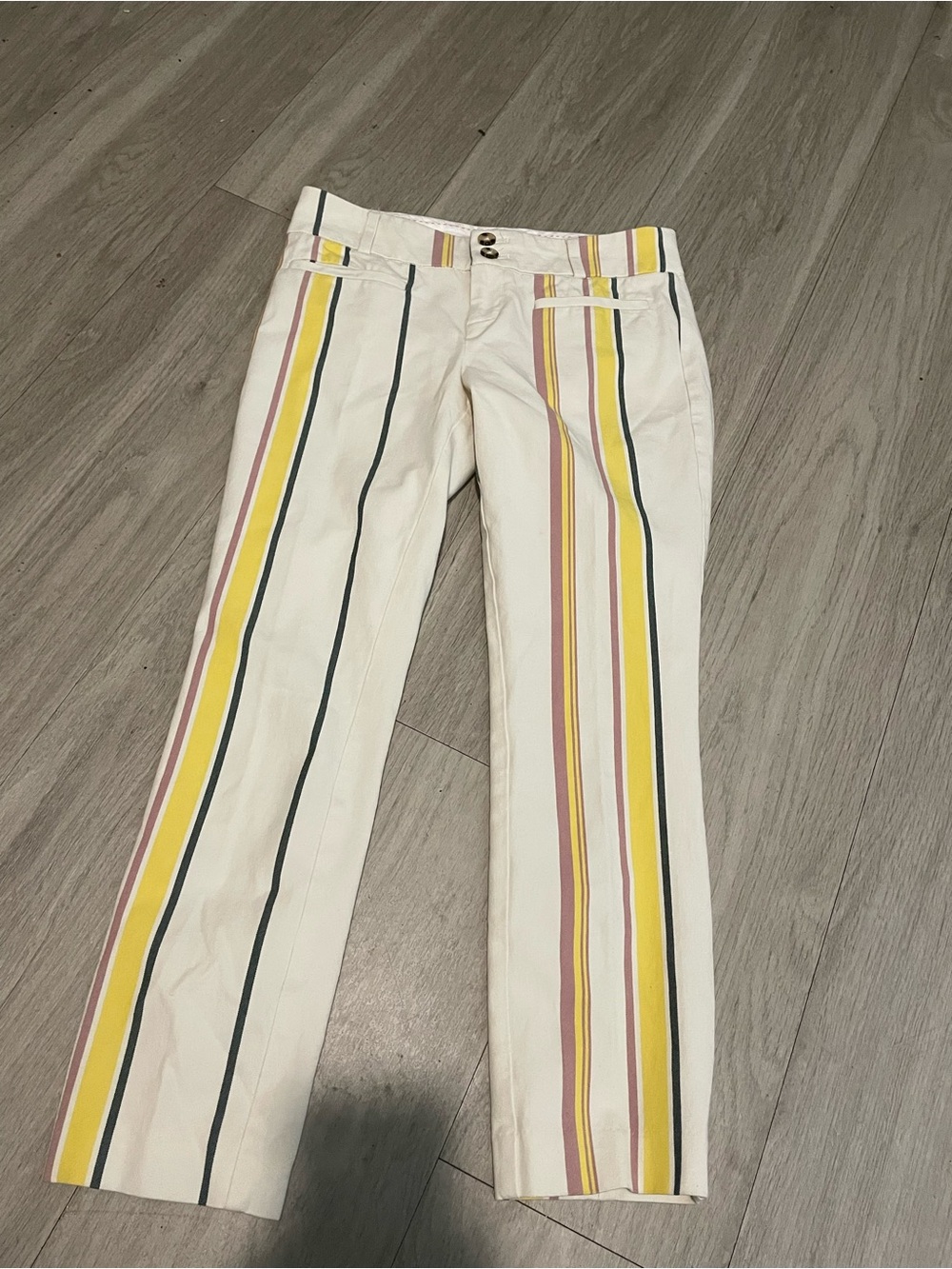 Anthropologie White Cotton-Blend Pants with Yellow & Pink Stripes - Picture 1 of 3